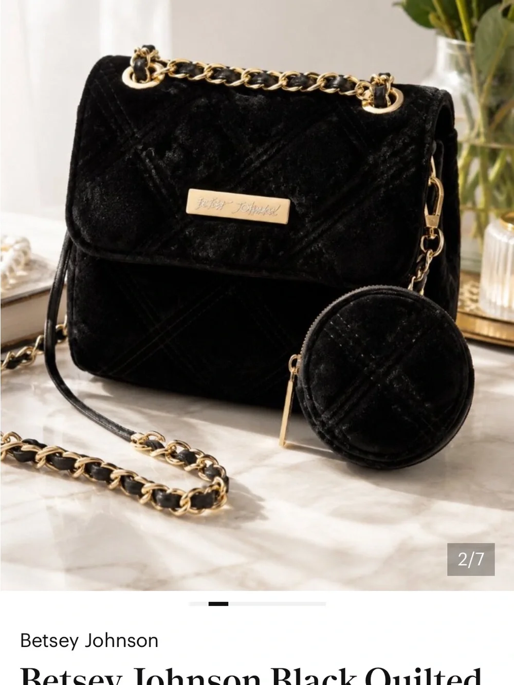 Betsey Johnson Black Quilted Velvet Crossbody with Coin Pouch and Gold Chain